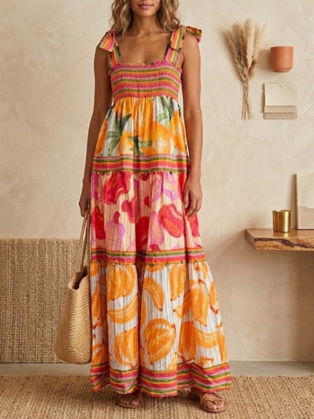 🍊 NWT FARM Rio Fruits Scarves Tiered Maxi Dress XL | Tropical Resort Dress - Picture 1 of 5